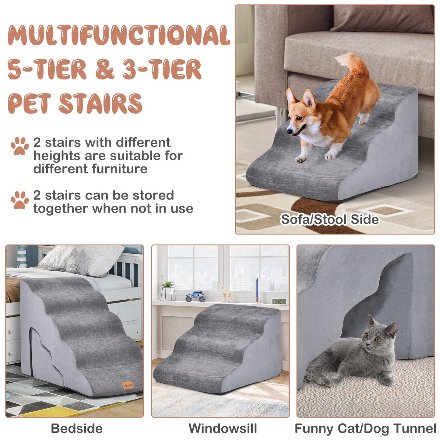 Foam Pet Stairs Set with 5-Tier and 3-Tier Dog Ramps